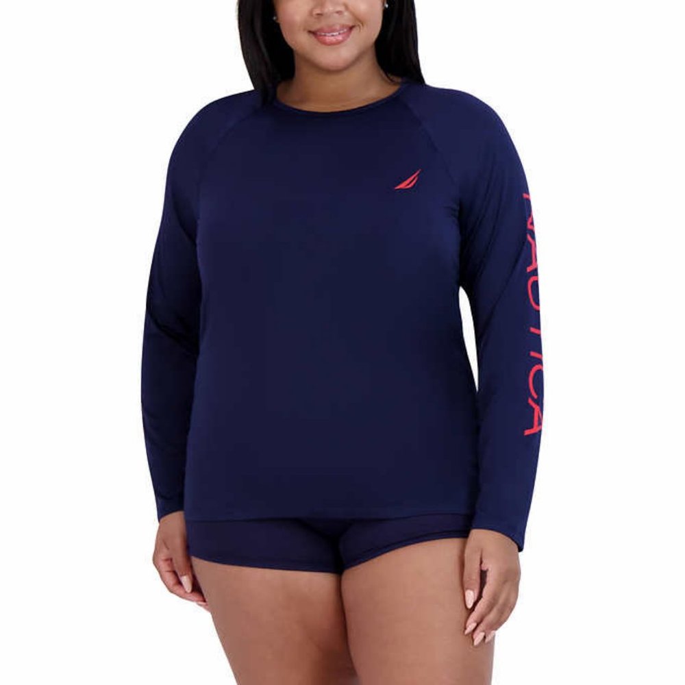 NWT Nautica Ladies' Long Sleeve 30+ UPF Rashguard Swim T-Shirt Navy Blue Large